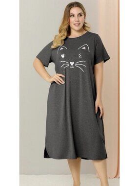 Agnes Orinda Cat Print Nightgown Dark Gray  Womens 2X NEW